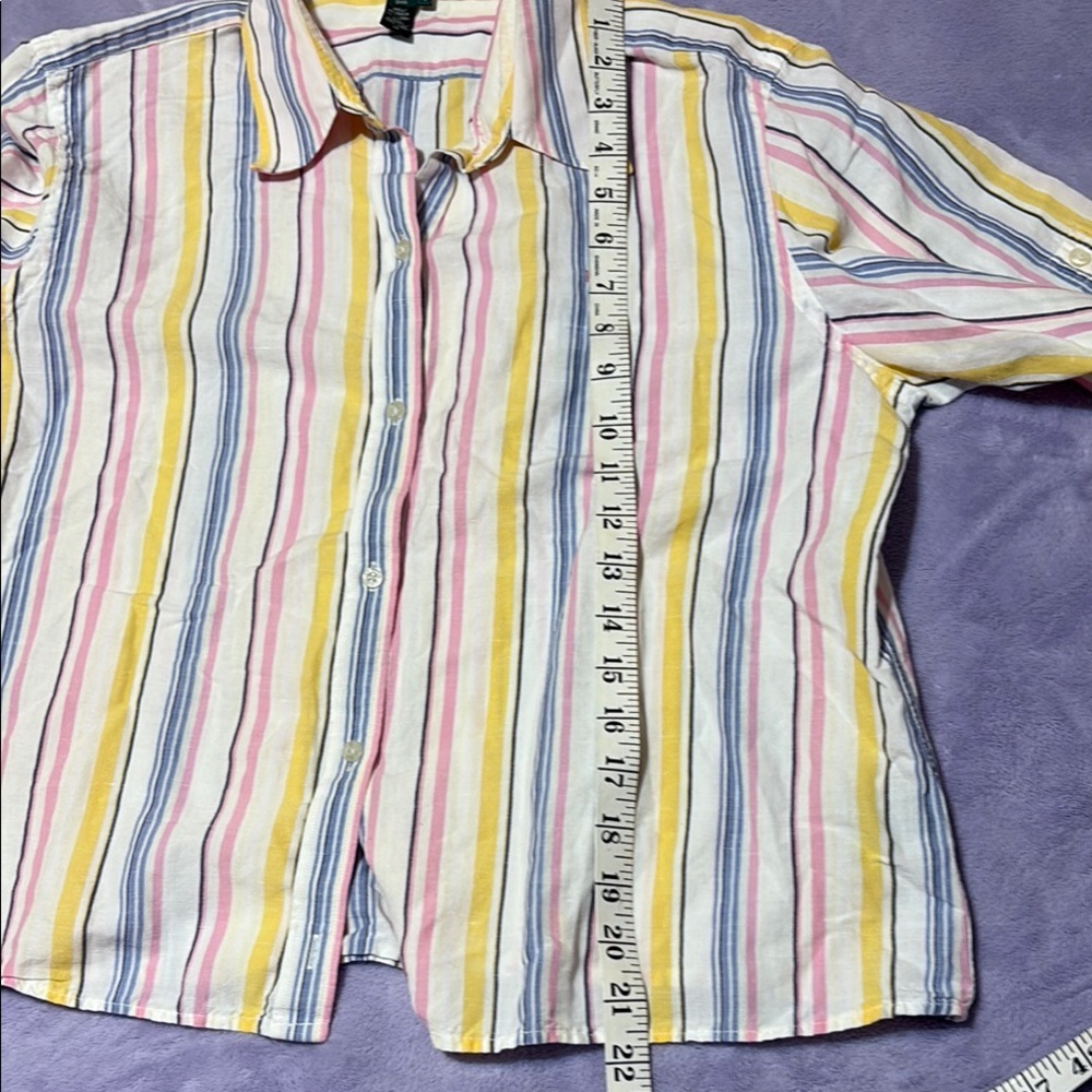 Lauren Ralph Lauren Linen Cotton Shirt L Striped Pink Yellow Blue Coastal - Picture 8 of 11